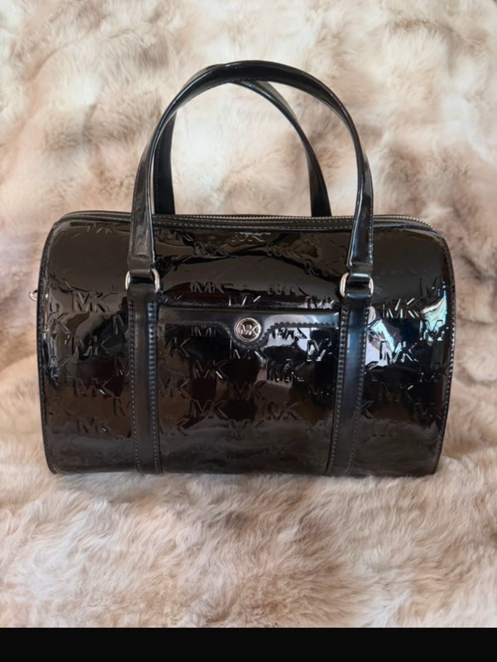 Michael Kors Black Patent Embossed Logo Barrel Satchel